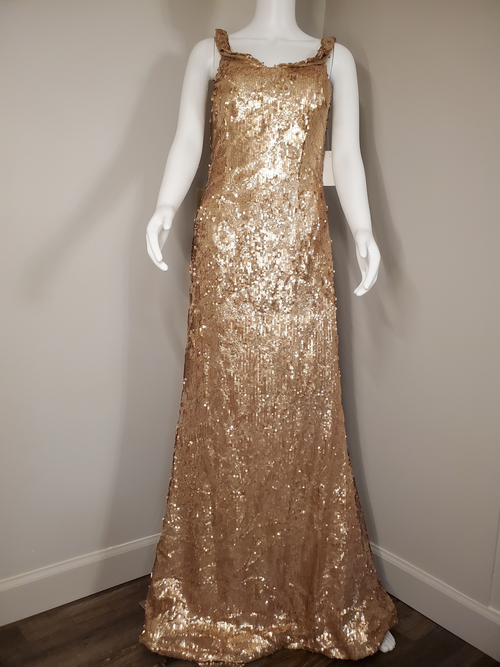 Rene Ruiz Gold Sequin Floor-Length Evening Gown